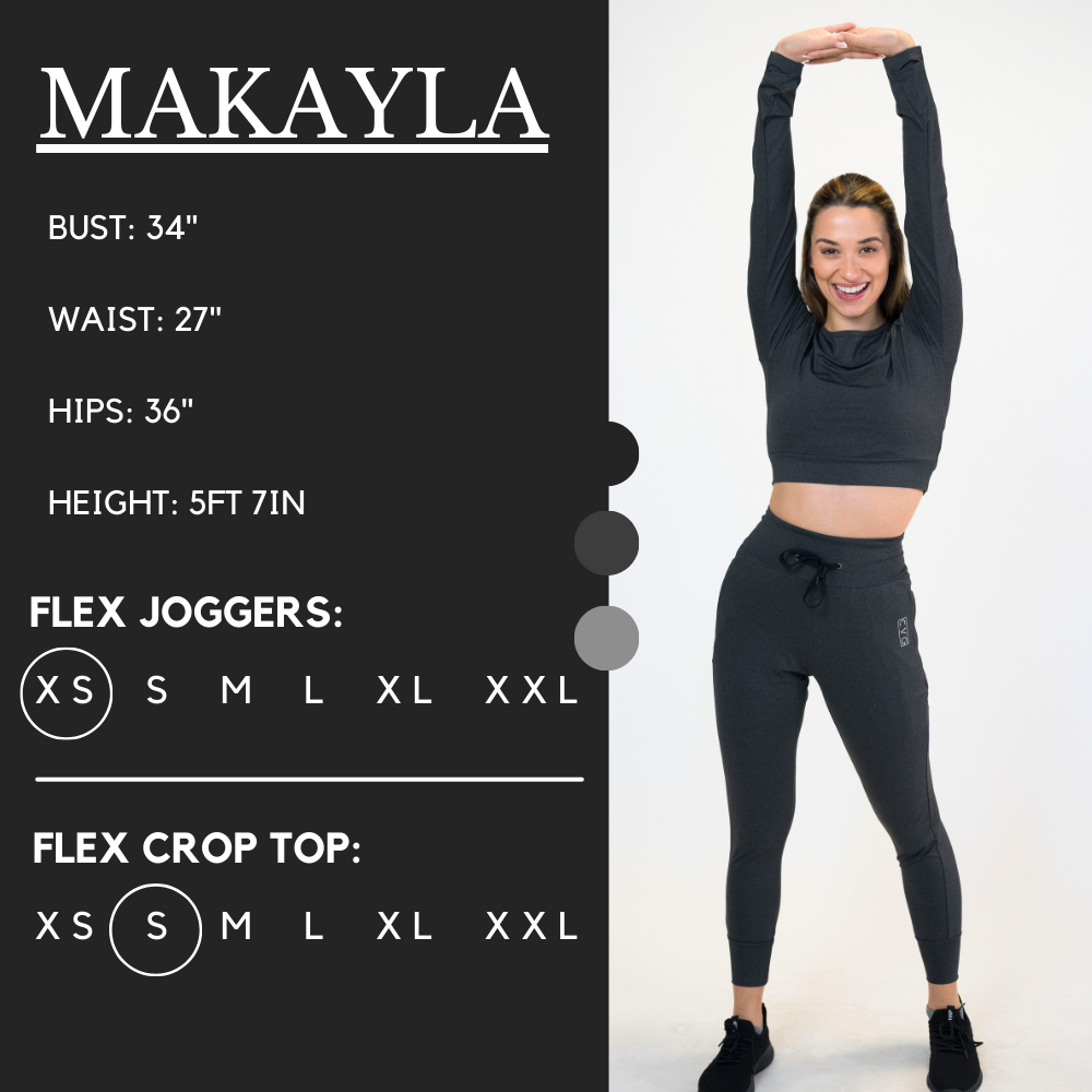 Model’s measurements of 34” bust, 27” waist, 36” hips and height of 5 ft 7 in. She is wearing a size x-small in our flex joggers and a size small in our flex crop top
