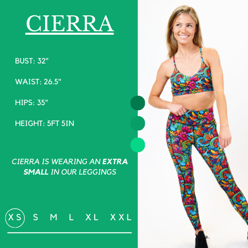 Model’s measurements of 32” bust, 26.5” waist, 35” hips and height of 5 ft 5 inches. She is wearing a size extra small in our leggings