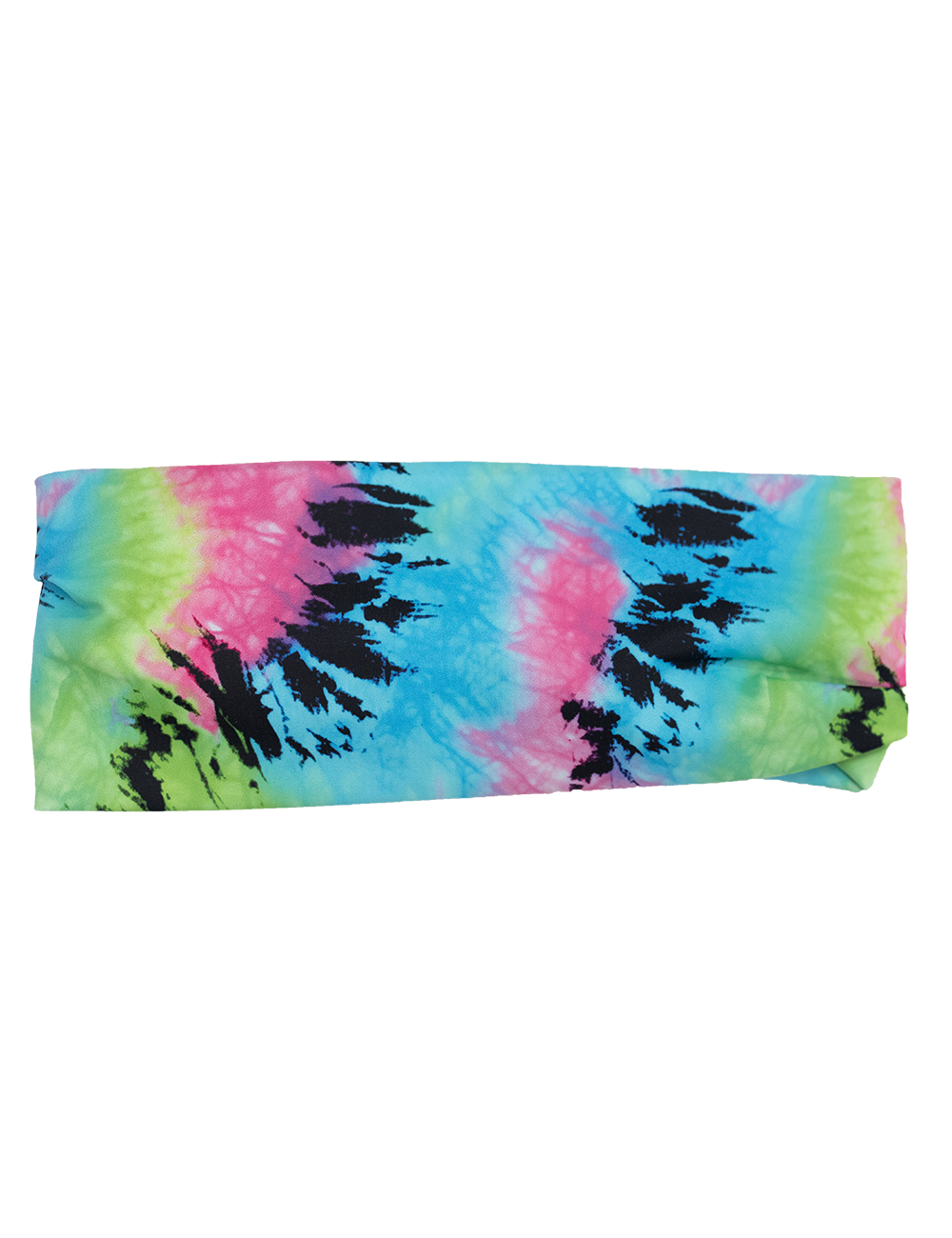 front of the colorful tie dye headband against a white background