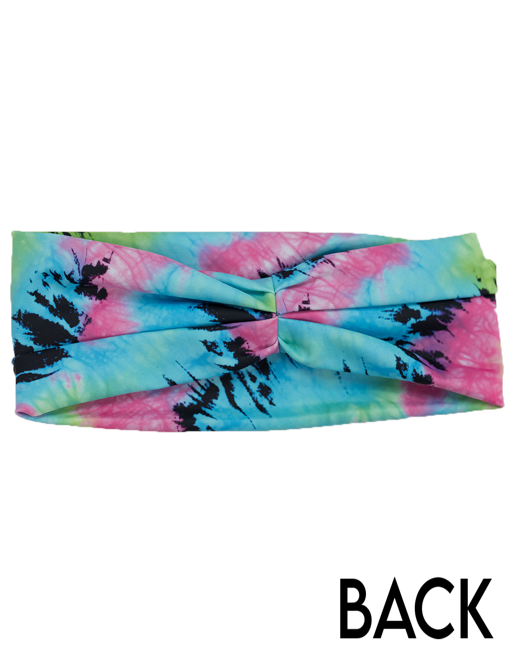 back of the colorful tie dye headband against a white background