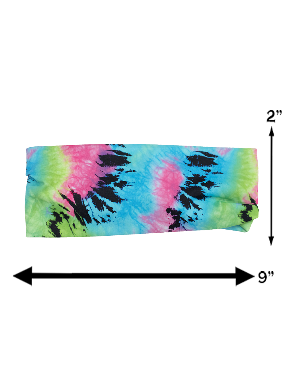 colorful tie dye headband measurements, measurements are 2 inches by 9 inches