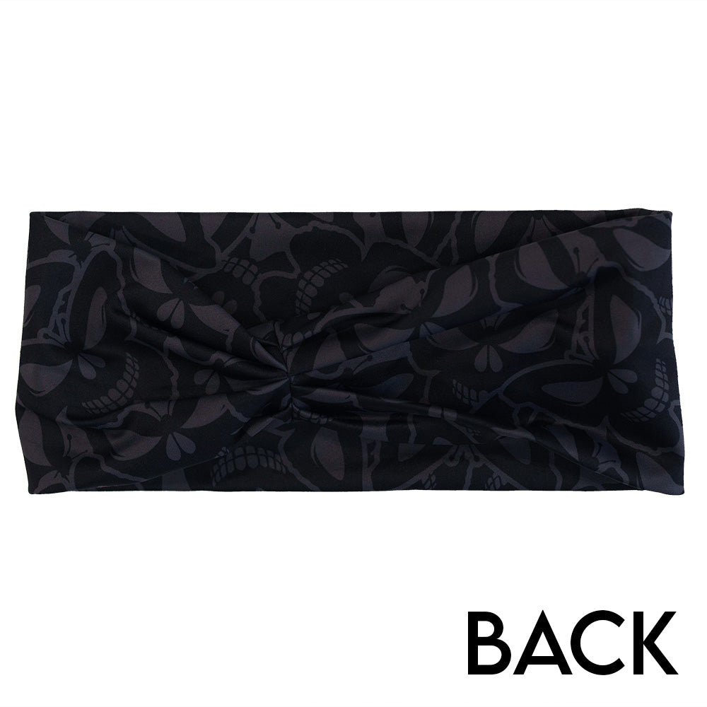 back of the grey and black butterfly shaped skulls patterned headband
