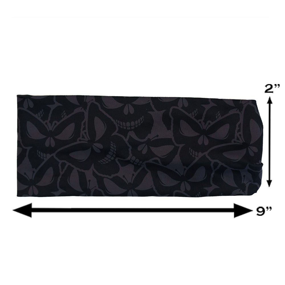 grey and black butterfly shaped skulls patterned headband measured at 2 by 9 inches