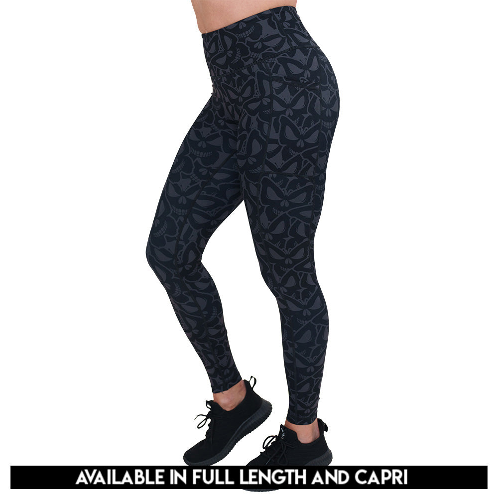 grey and black butterfly shaped skulls patterned leggings available in full and capri length