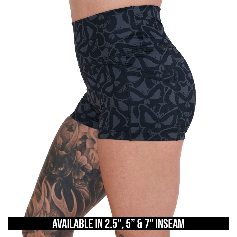 grey and black butterfly shaped skulls patterned shorts available in 2.5, 5 & 7 inch inseams