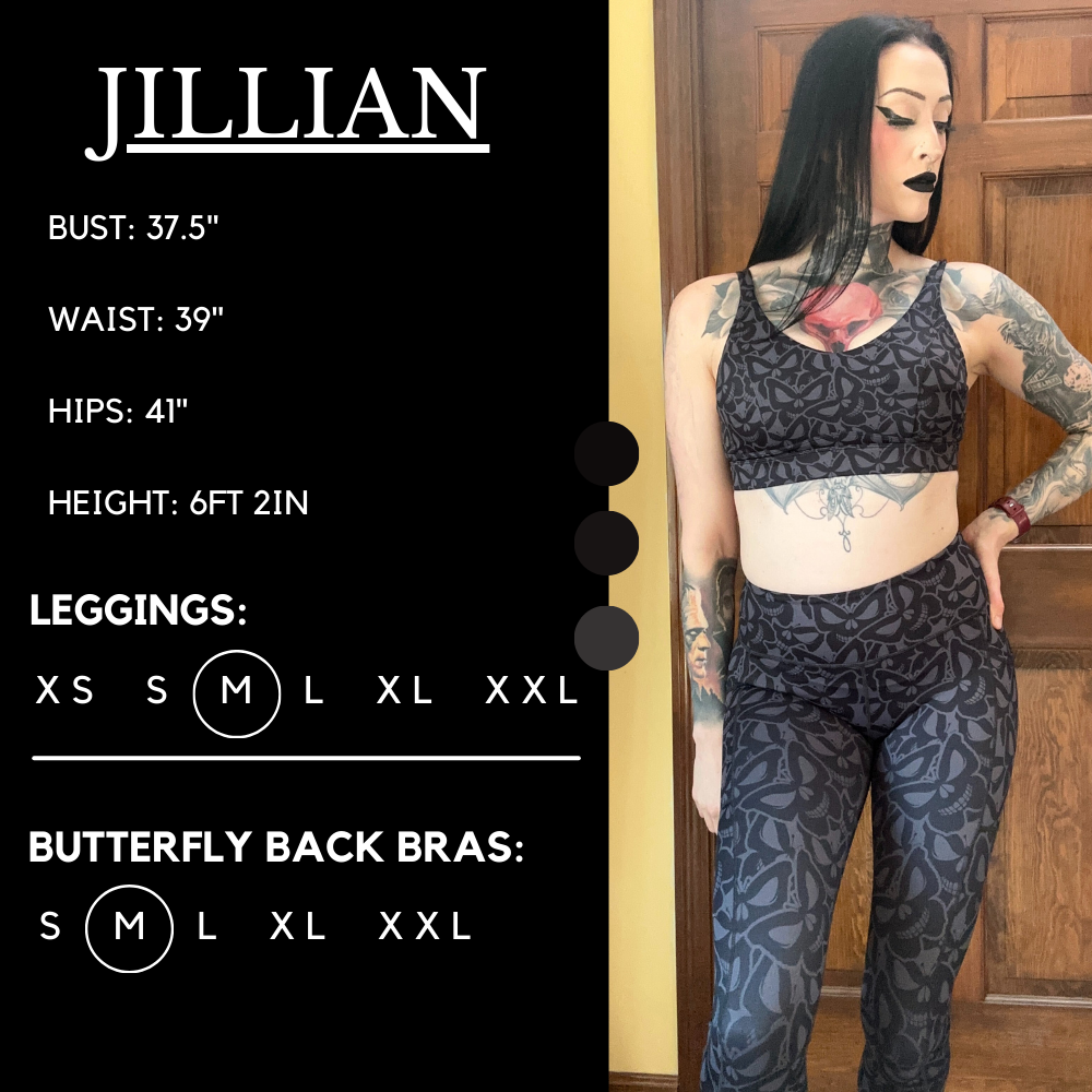 Model’s measurements of 37.5” bust, 39” waist, 41” hips and height of 6 ft 2 inches. She is wearing a size medium in our leggings & butterfly back bras