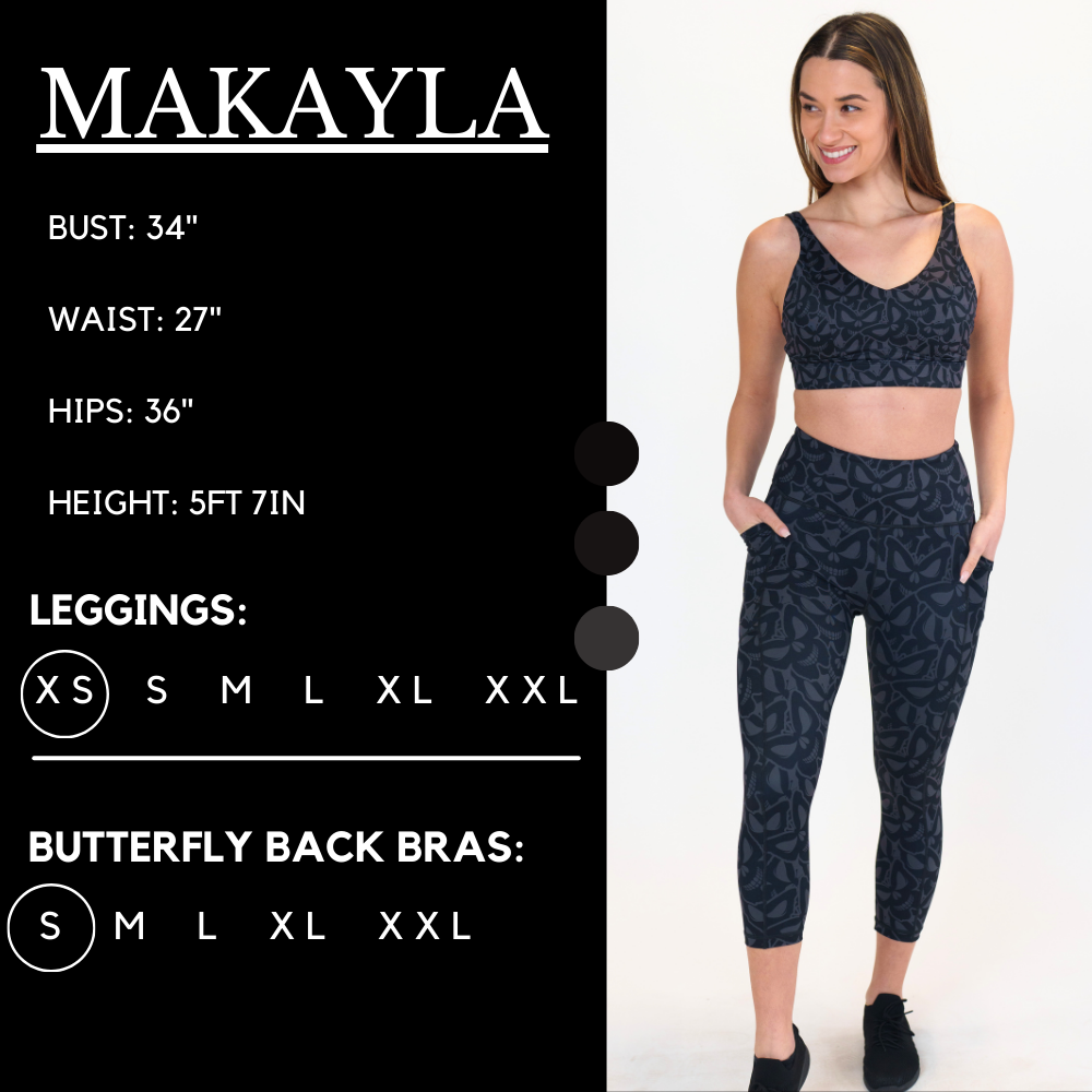 Model’s measurements of 34” bust, 27” waist, 36” hips and height of 5 ft 7 in. She is wearing a size x-small in our leggings and a size small in our butterfly back bra