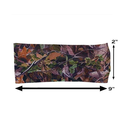forest camo patterned headband measured at 2 by 9 inches