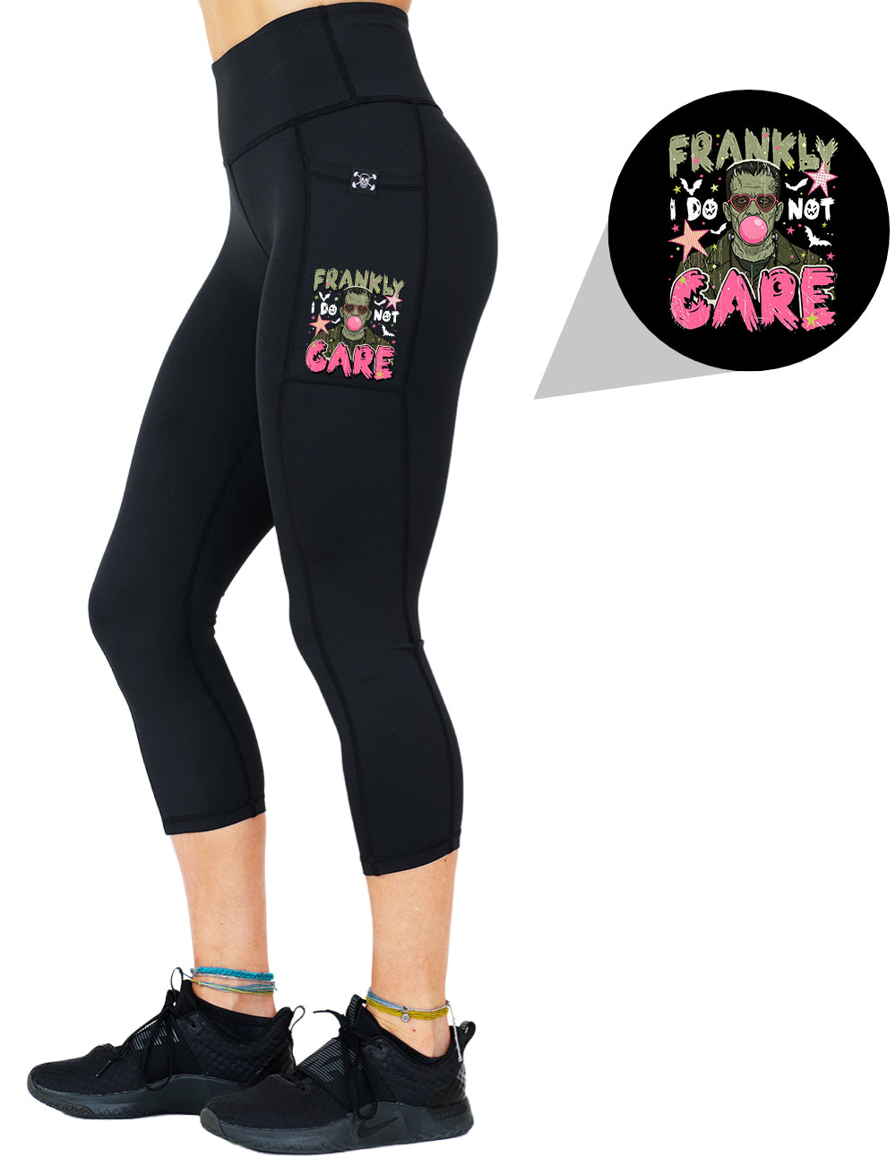 front of the green monster blowing bubble gum "Frankly I Do Not Care" graphic capri leggings