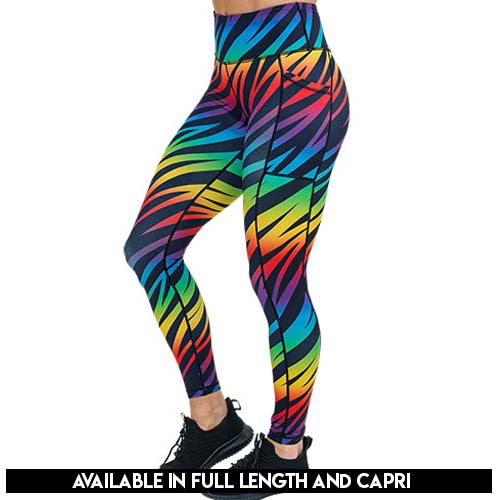 rainbow zebra pattern leggings available in full and capri length