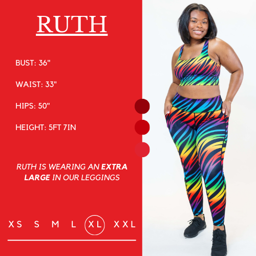 Model's measurements of 36 inch bust, 33 inch waist, 50 inch hips, and height of 5 foot 7 inches. She is wearing a size extra large in these leggings