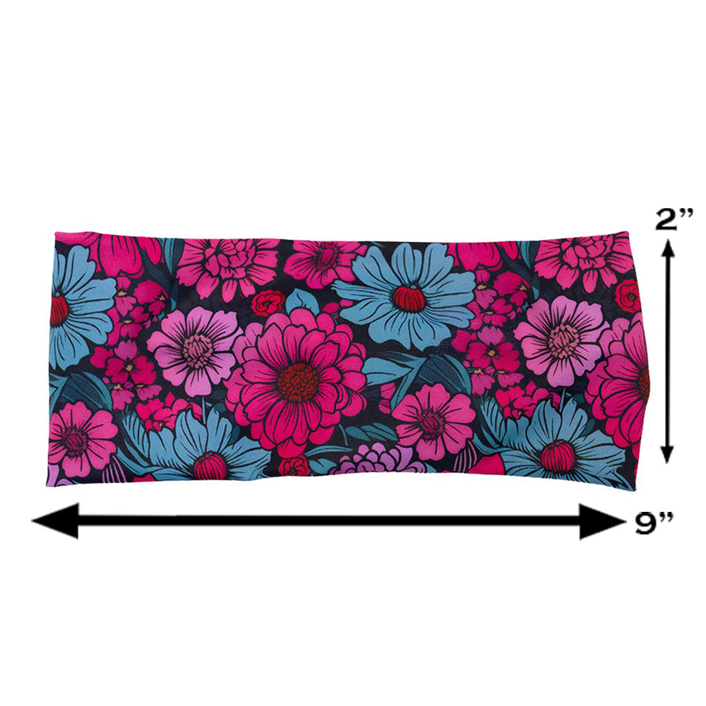 pink and blue floral patterned headband measured at 2 by 9 inches