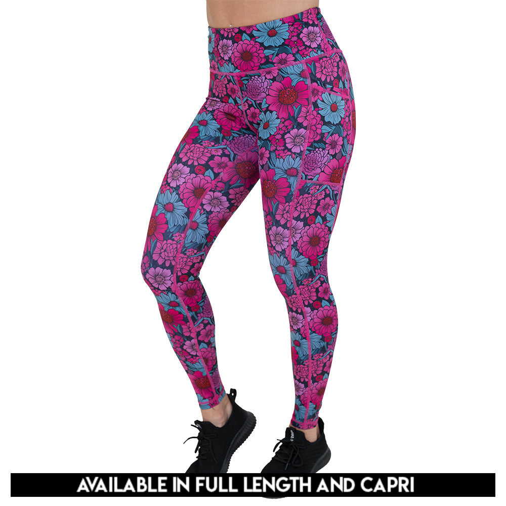 pink and blue floral patterned leggings available in full and capri lengths