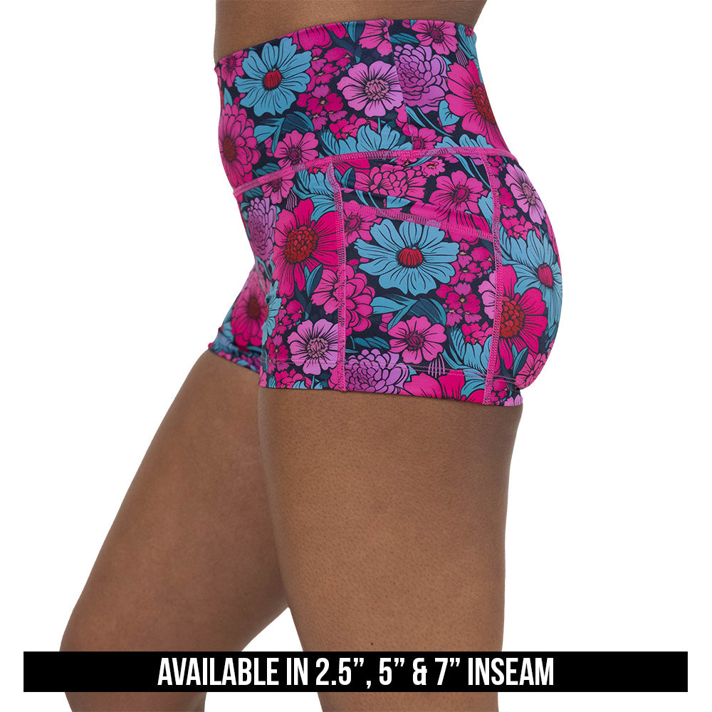 pink and blue floral patterned shorts available in 2.5, 5 & 7 inch inseams