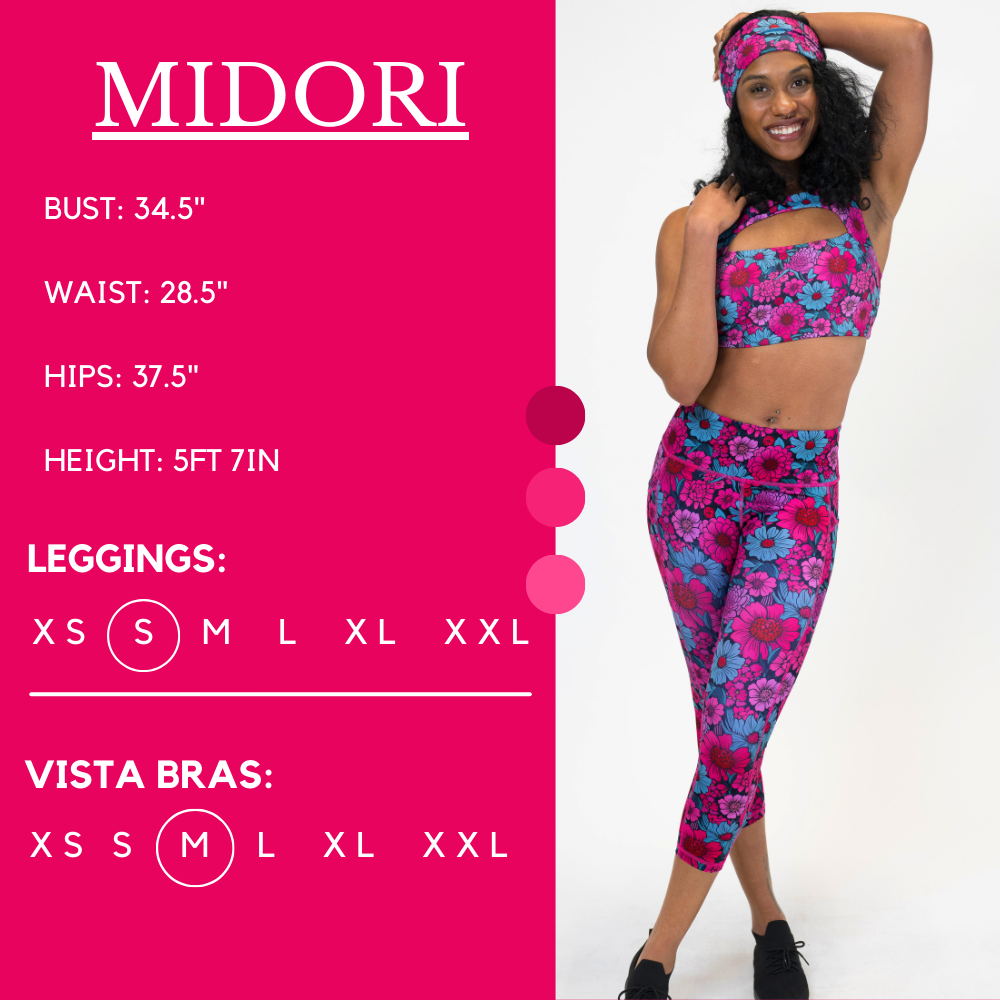 Model’s measurements of 34.5” bust, 28.5” waist, 37.5” hips and height of 5 ft 7 inches. She is wearing a size small in our leggings and a size medium in out vista bra