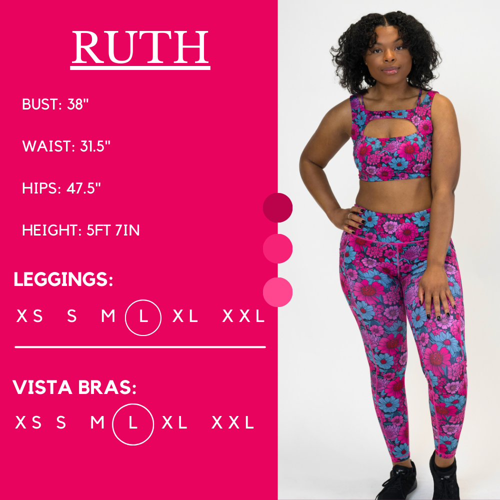 Model’s measurements of 38” bust, 31.5” waist, 47.5” hips and height of 5 ft 7 inches. She is wearing a size large in our leggings and a large in our vista bras