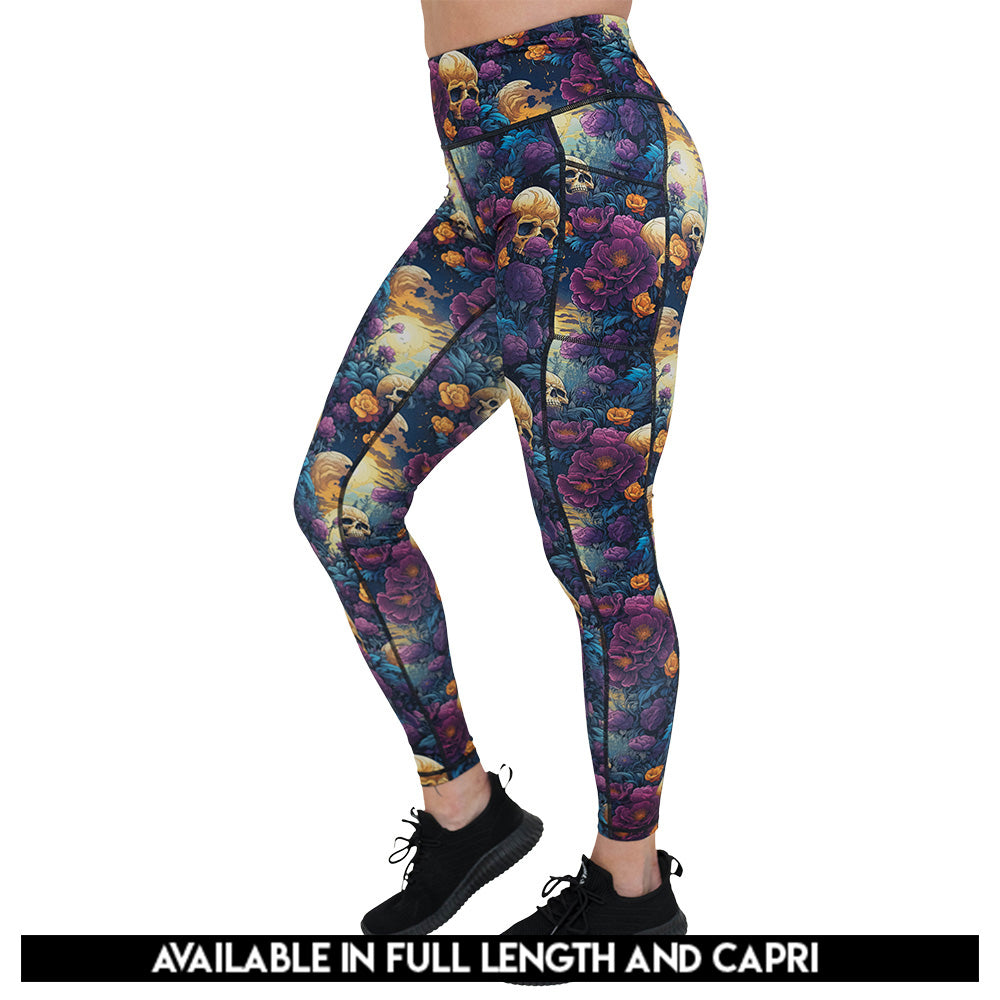 skulls and flowers patterned leggings available in full and capri length