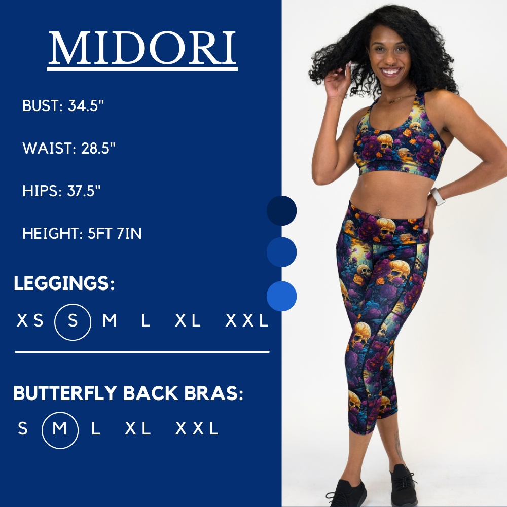 Model’s measurements of 34.5” bust, 28.5” waist, 37.5” hips and height of 5 ft 7 inches. She is wearing a size small in our leggings and a size medium in our butterfly back bras