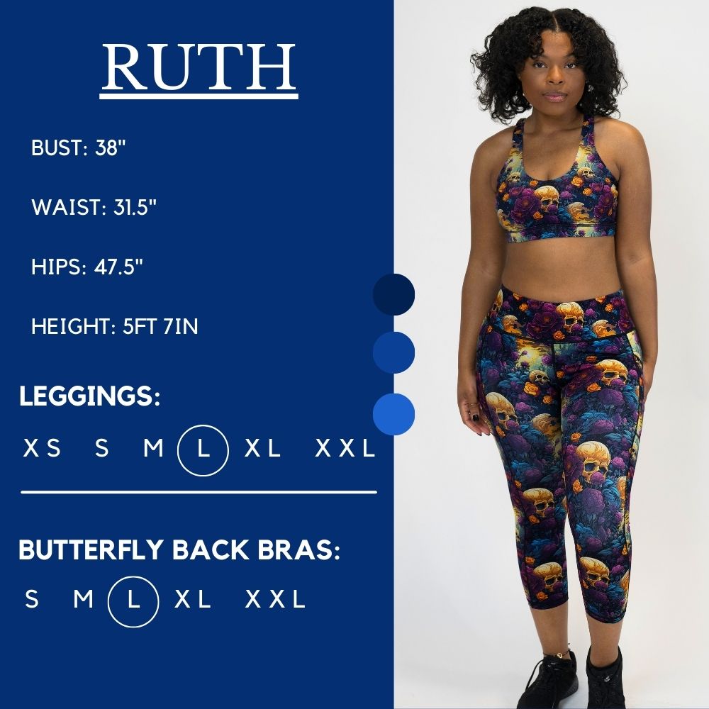 Model’s measurements of 38” bust, 31.5” waist, 47.5” hips and height of 5 ft 7 inches. She is wearing a size large in our leggings and a size large in our butterfly back bras