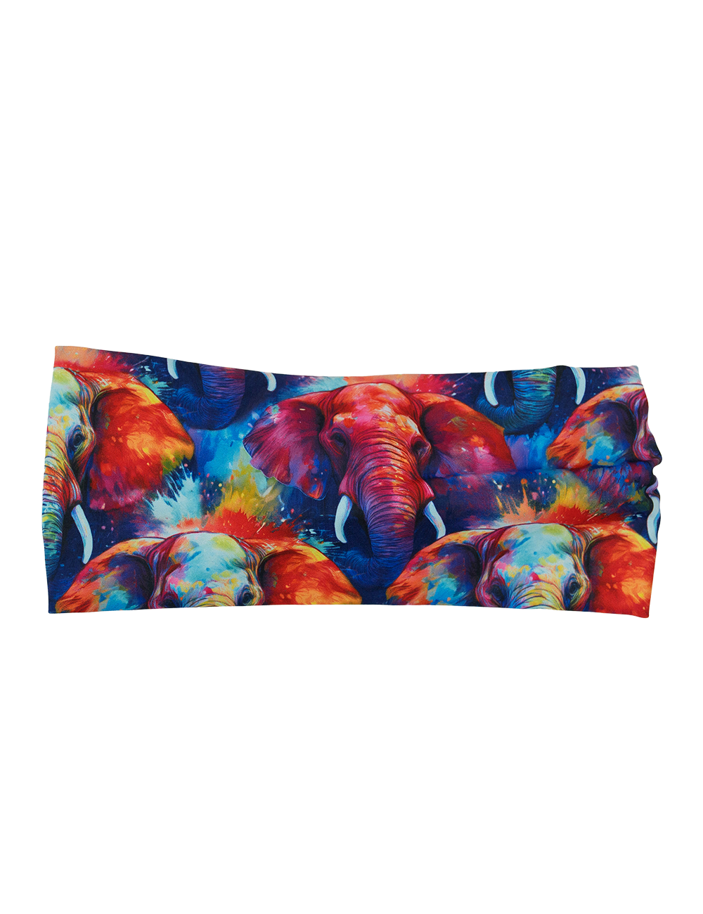 front of the colorful elephant pattern headband against a white background