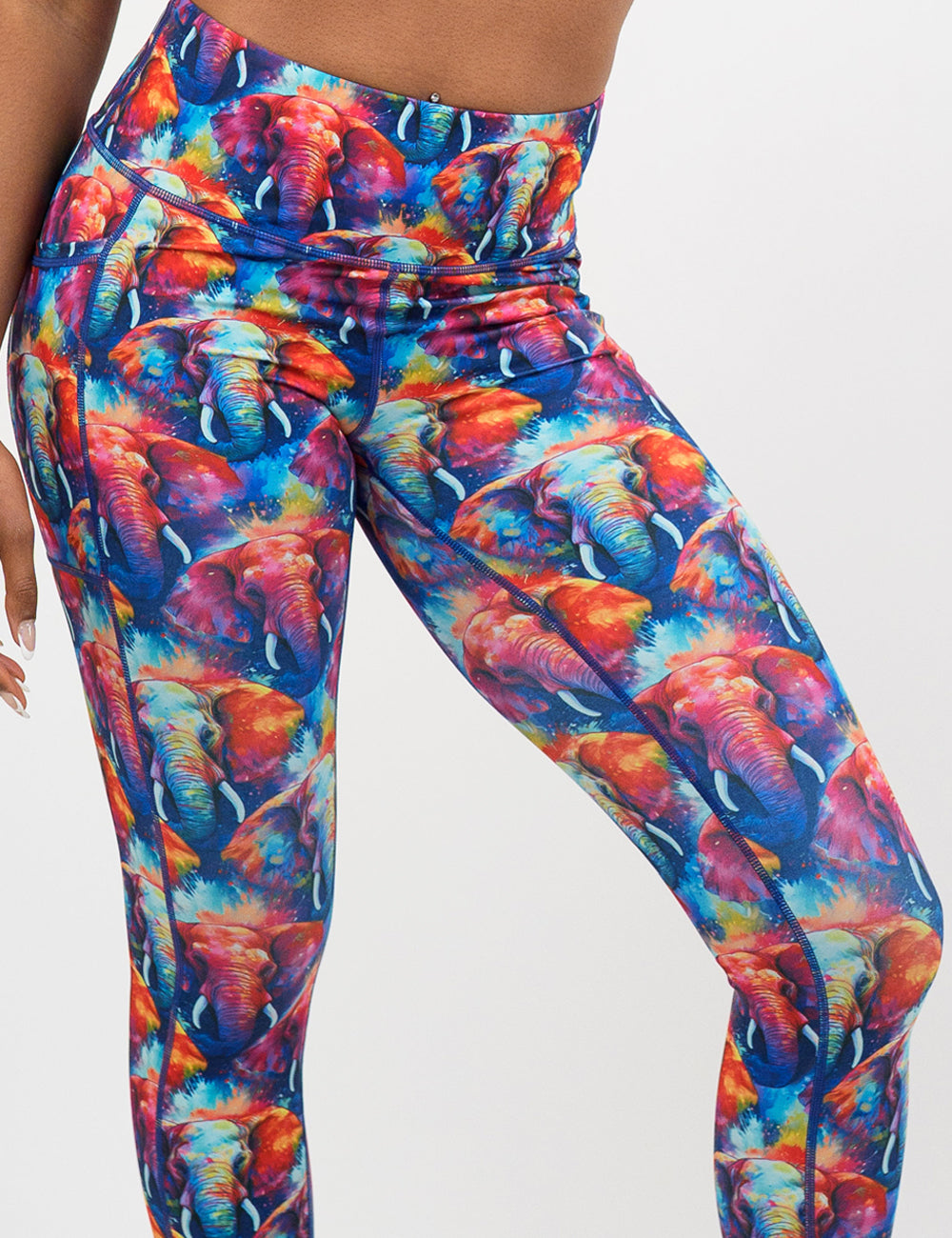 close up of the colorful elephant pattern leggings against a white background