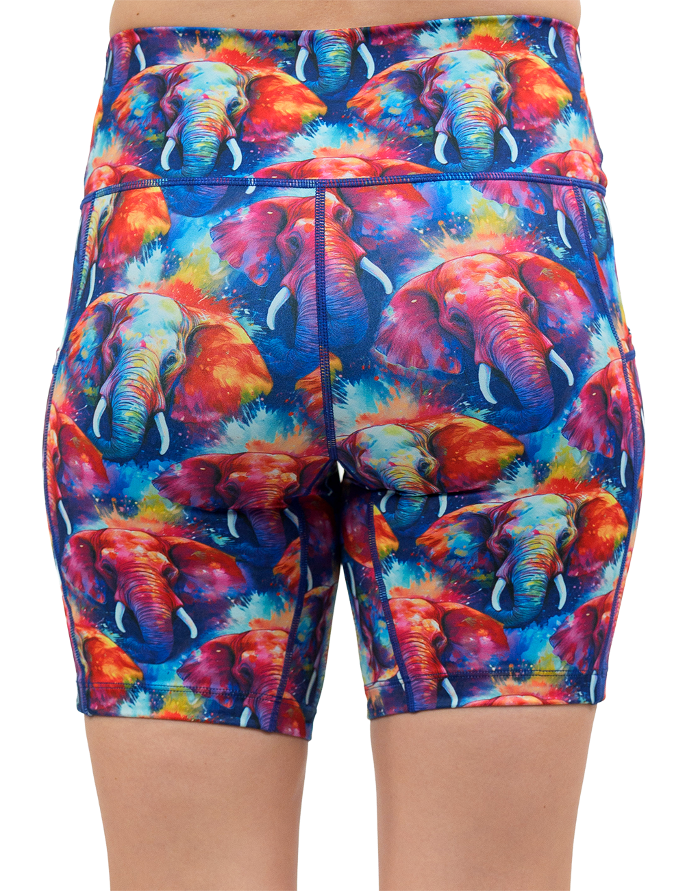 back of the colorful elephant pattern 7 inch shorts against a white background