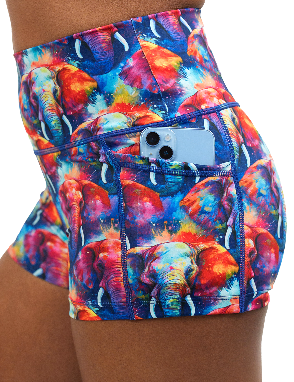 close up of the 2.5 inch colorful elephant pattern shorts with a phone in the pocket against a white background