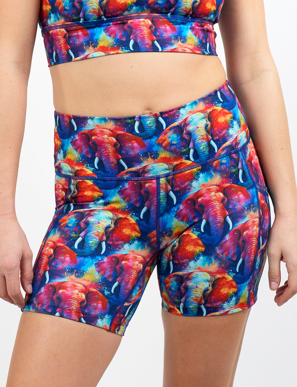 colorful elephant pattern 5 inch shorts facing the front against a white background