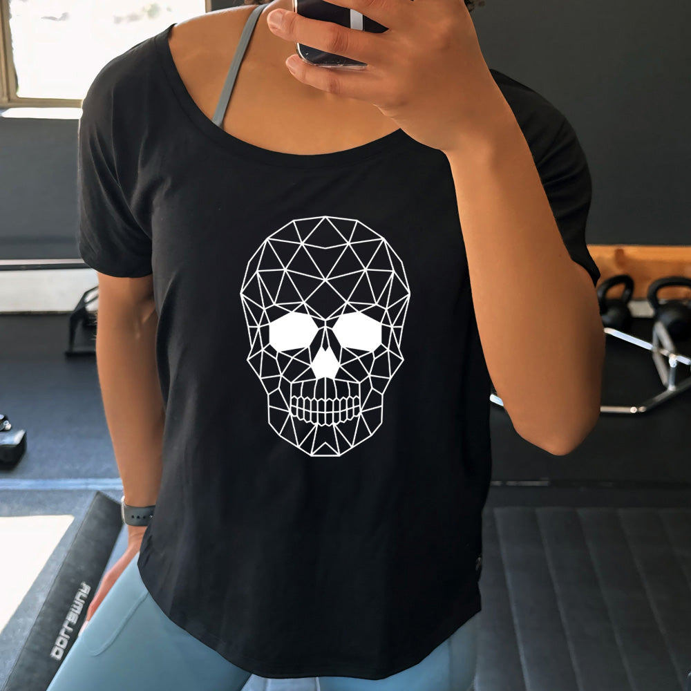 black slouchy shirt with a Geometric Skull graphic on it