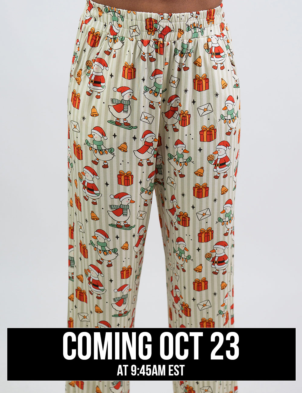 close up of the ducks with santa hats surrounded by presents striped pajama bottoms, coming October 23