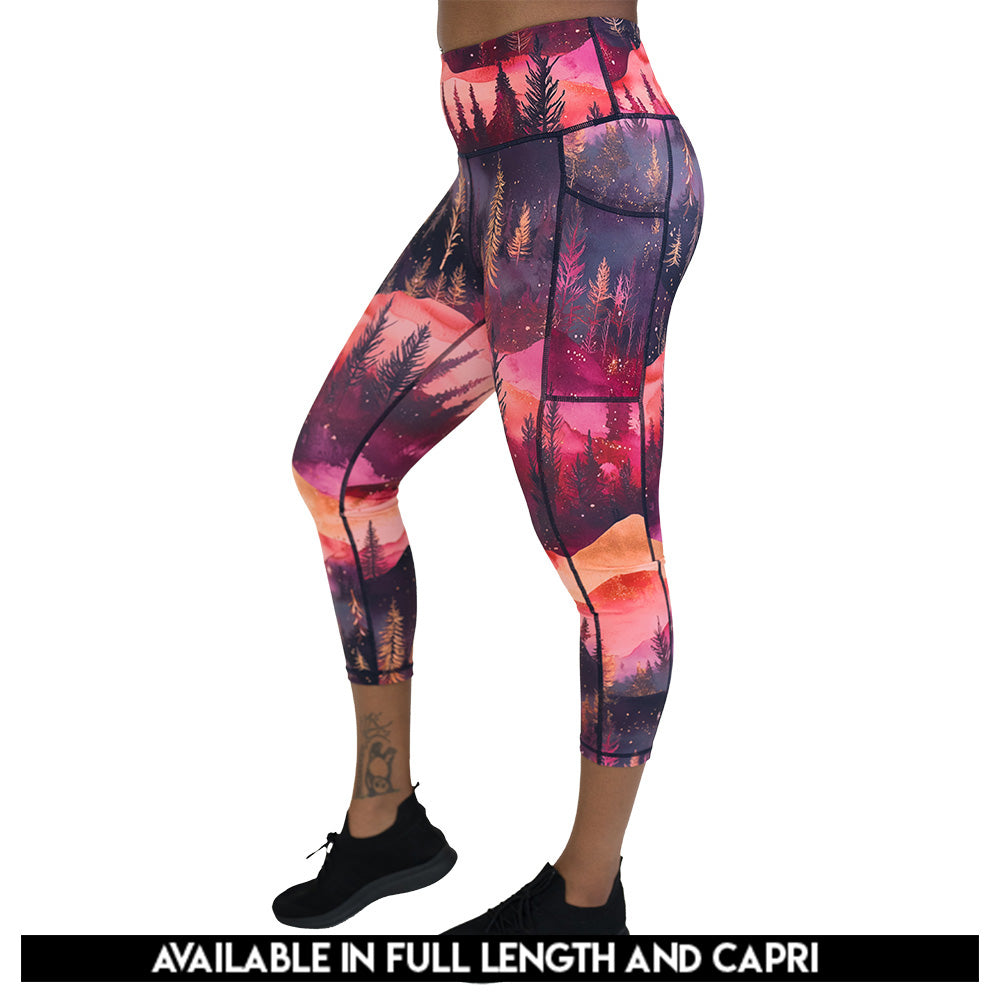 leggings with forest design and red ombre sky available in full and capri length