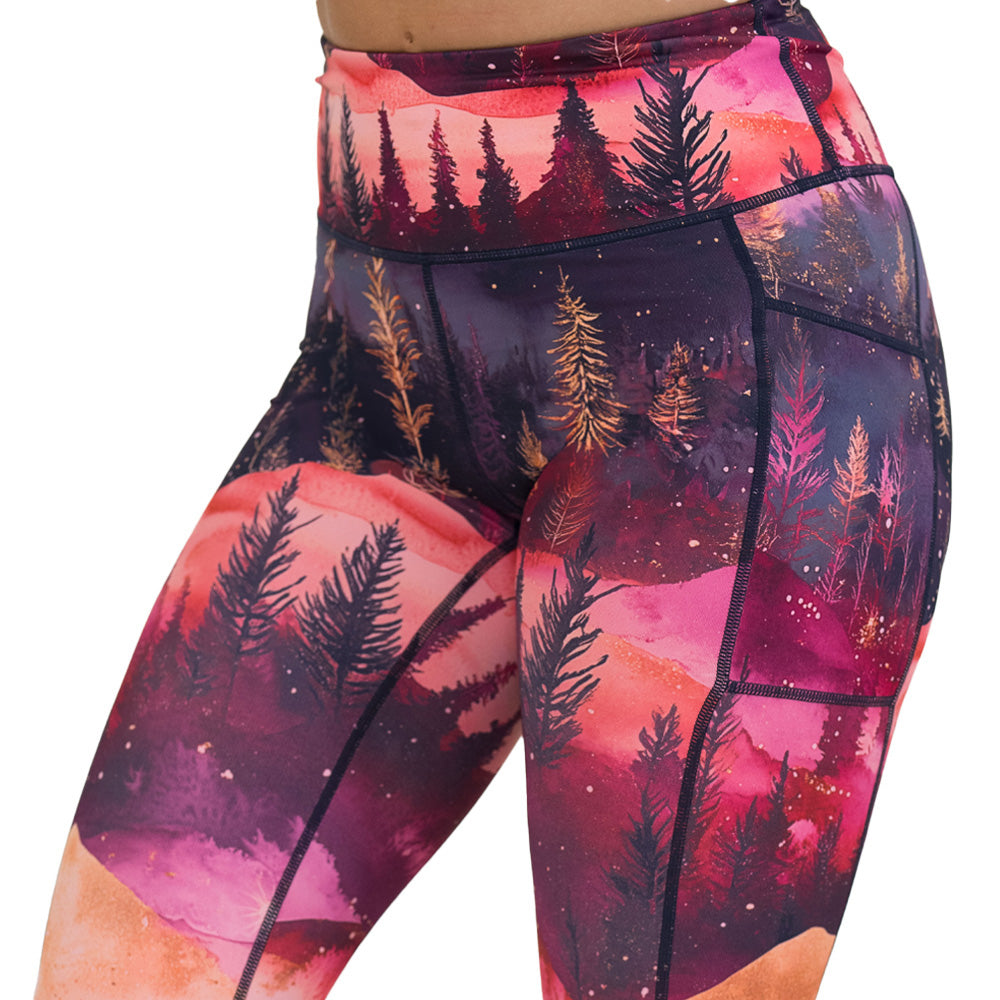 leggings with forest design and red ombre sky