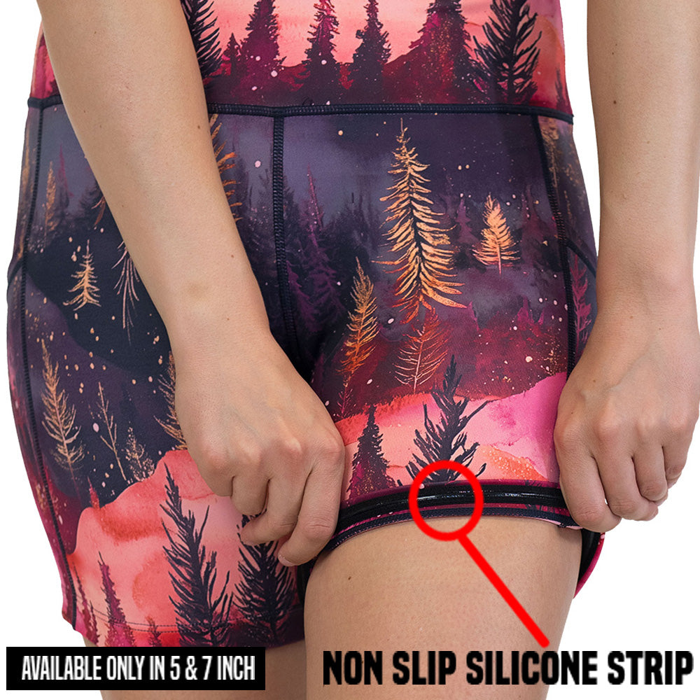 non slip strip on the shorts with forest design and red ombre sky