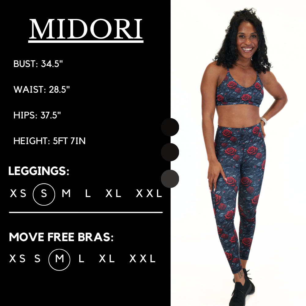 Model’s measurements of 34.5” bust, 28.5” waist, 37.5” hips and height of 5 ft 7 inches. She is wearing a size small in our leggings