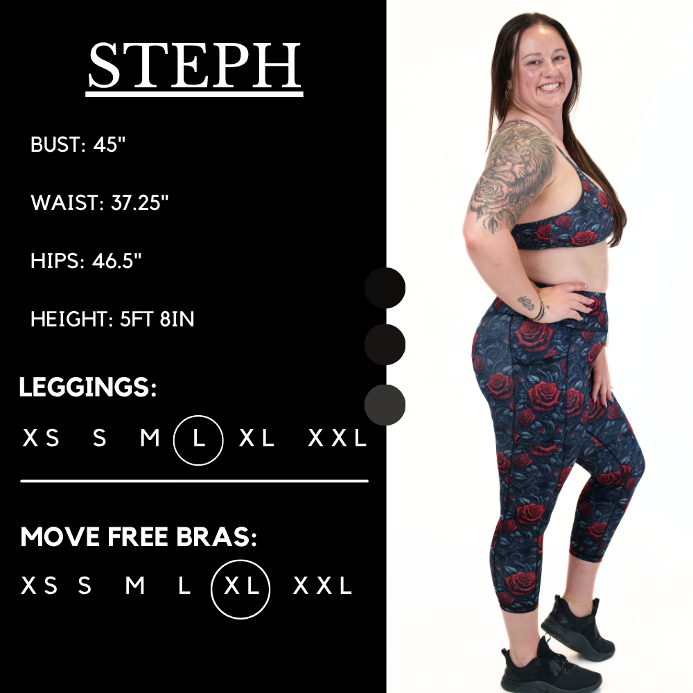 Model’s measurements of 44” bust, 37” waist, 46” hips and height of 5 ft 8 inches. She is wearing a size large in our leggings