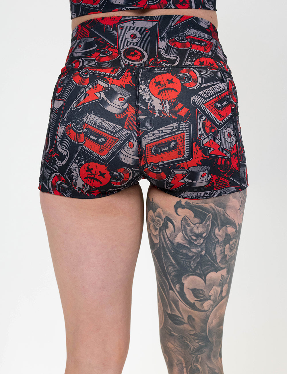 back of the 2.5 inch graffiti patterned shorts against a white background