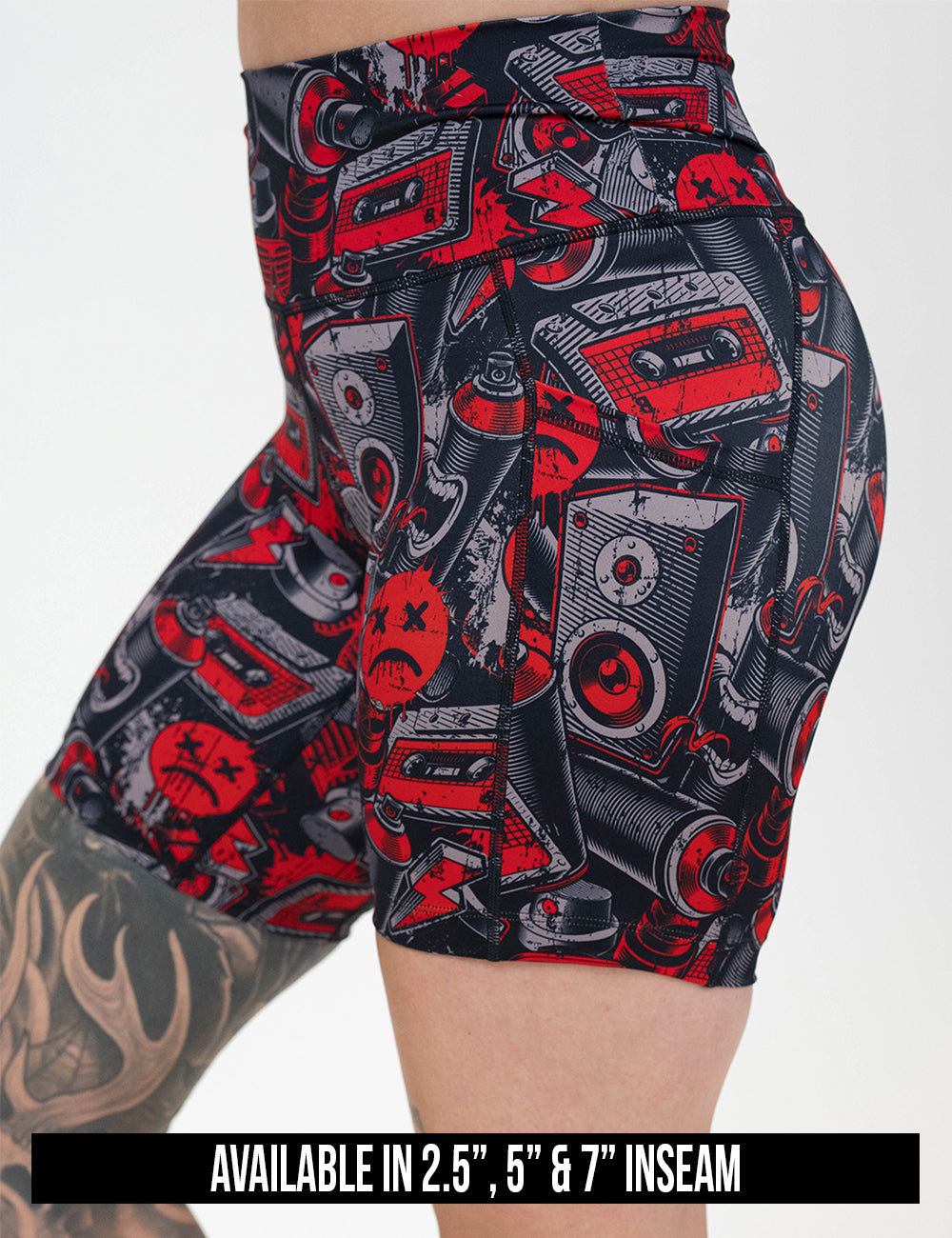 available lengths for the graffiti patterned shorts, Inseam lengths include 2.5, 5, and 7 inches