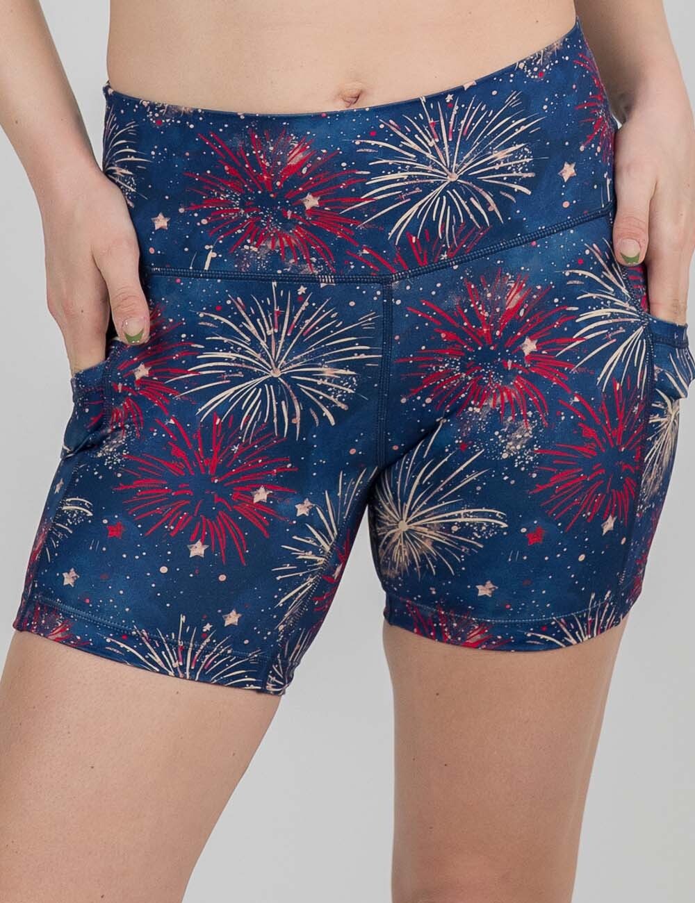 front of the blue 5 inch patriotic fireworks shorts against a white background