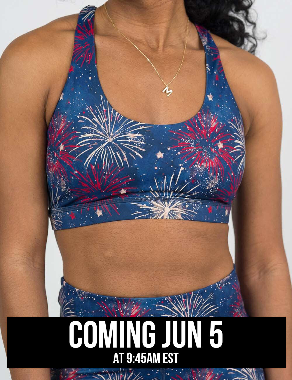 front of the red and white fireworks against a blue background butterfly back bra against a white background, coming june 5th