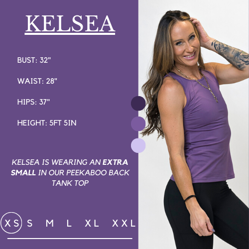 Graphic showing the measurements of a model and what size she wears for the tank. Her bust is 32 inches, waist is 28 inches, hips are 37 inches, and height is 5 foot and 5 inches. She wears an extra small in the tank