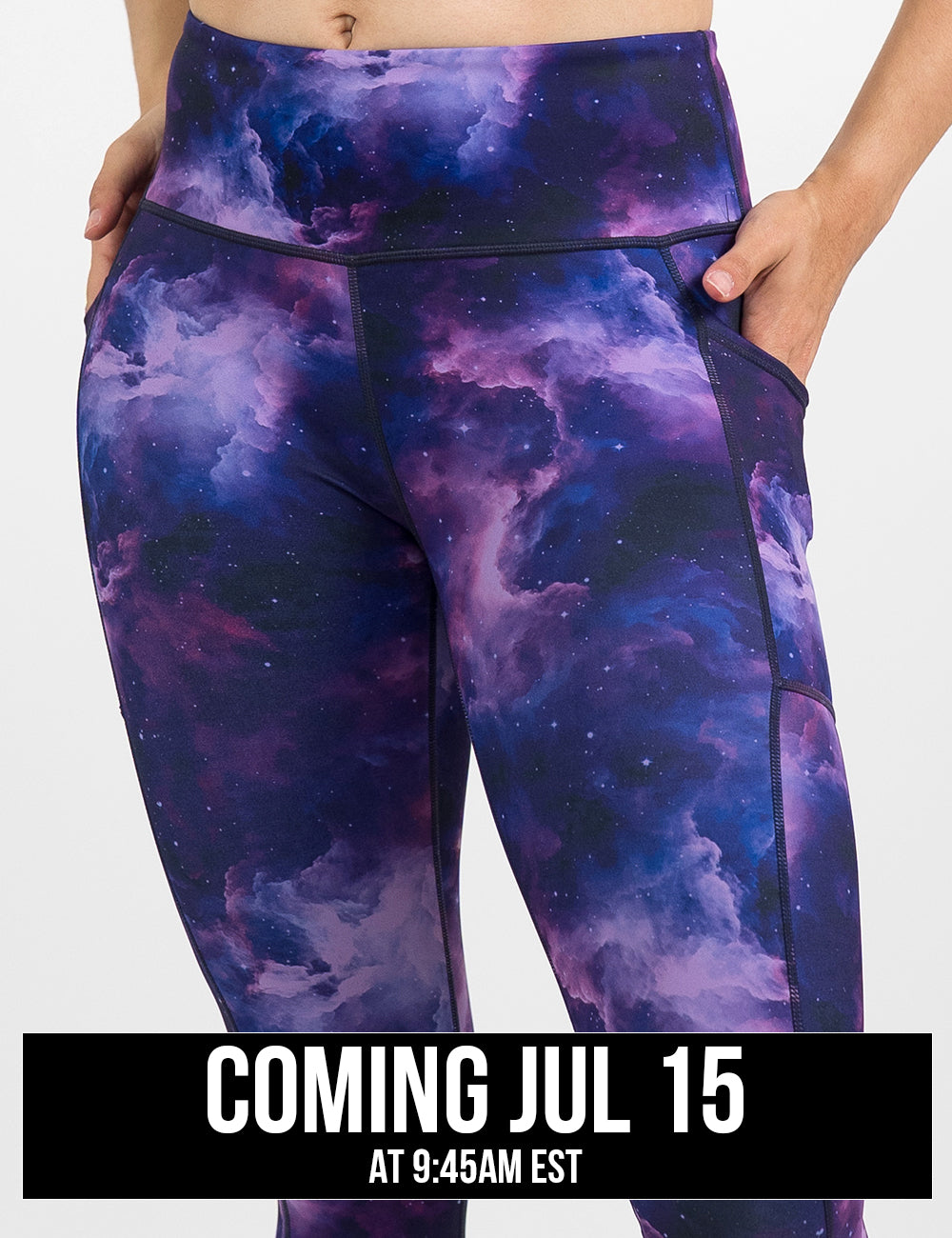close up of the purple space patterned leggings against a white background, coming july 15th