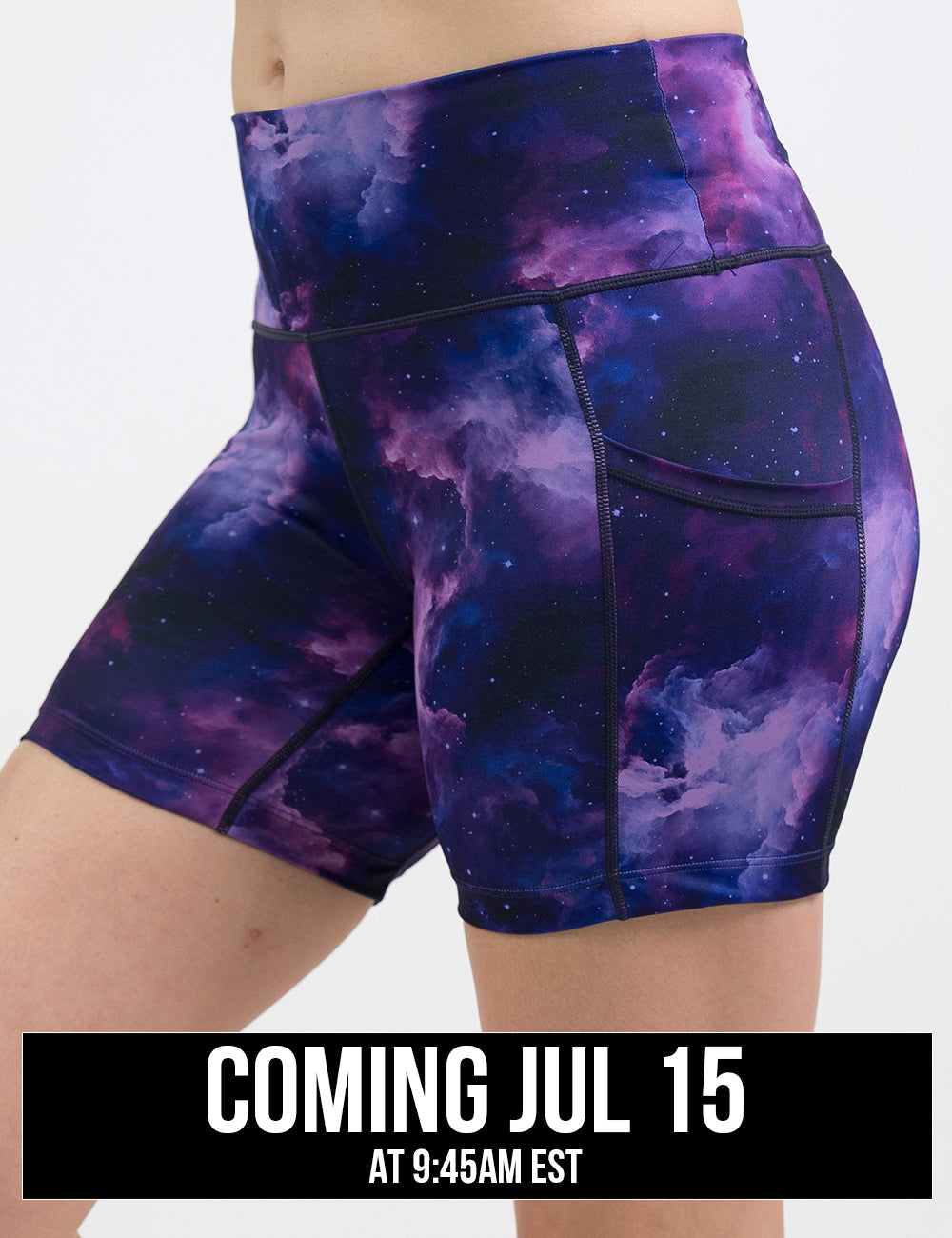 front of the purple space patterned 5 inch shorts against a white background, coming july 15th
