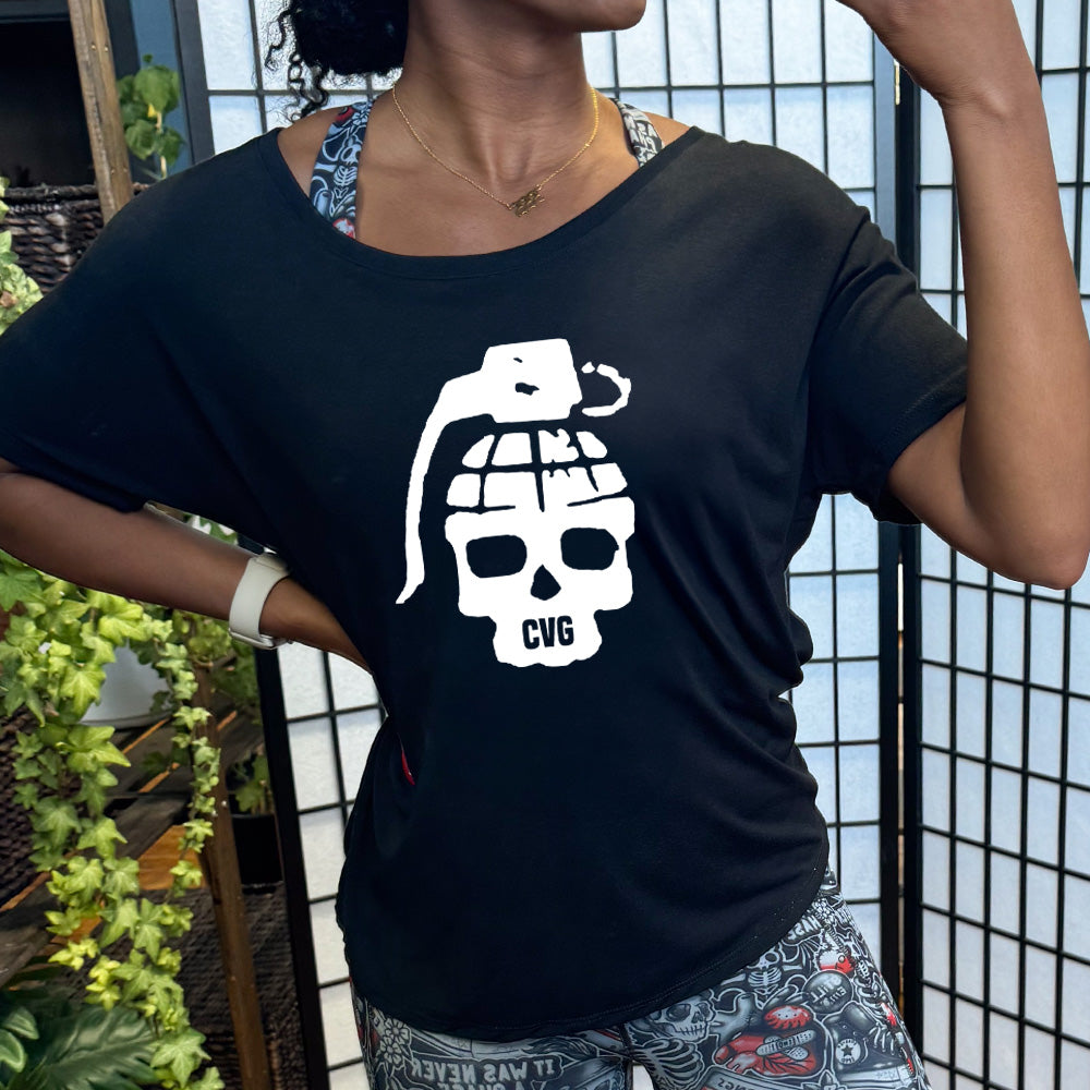 black slouchy shirt with a grenade skull graphic on it