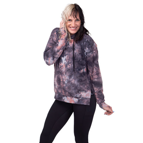 model wearing Grey & Pink Tie Dye hoodie