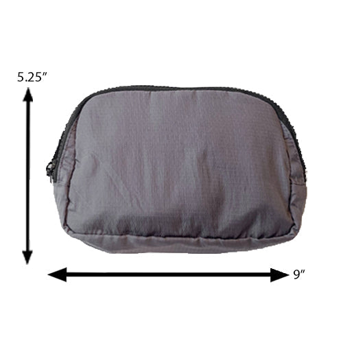 grey belt bag measured at 5.25 by 9 inches