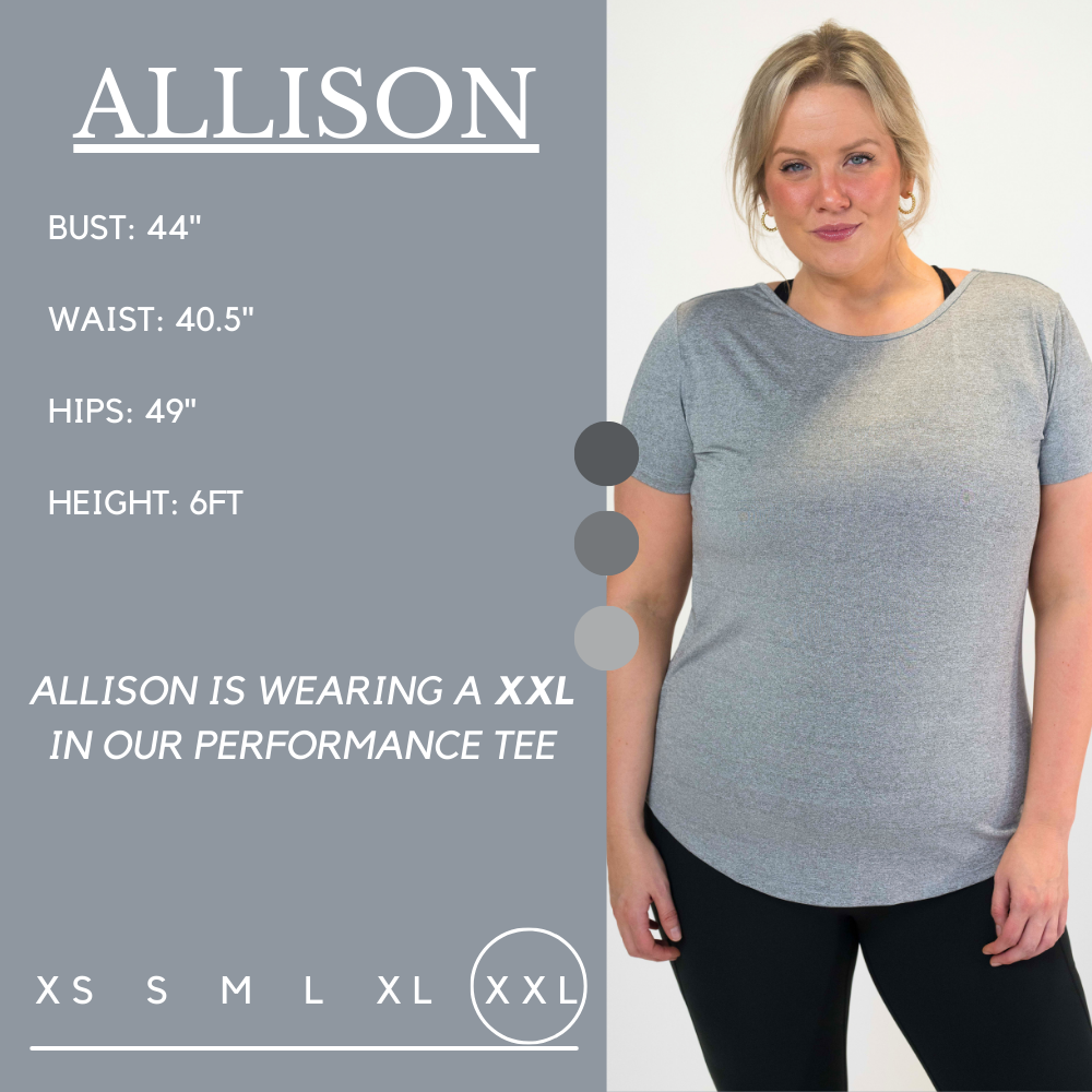 Model’s measurements of 44” bust, 40.5” waist, 49” hips and height of 6ft. She is wearing a size xx-large in our performance tee