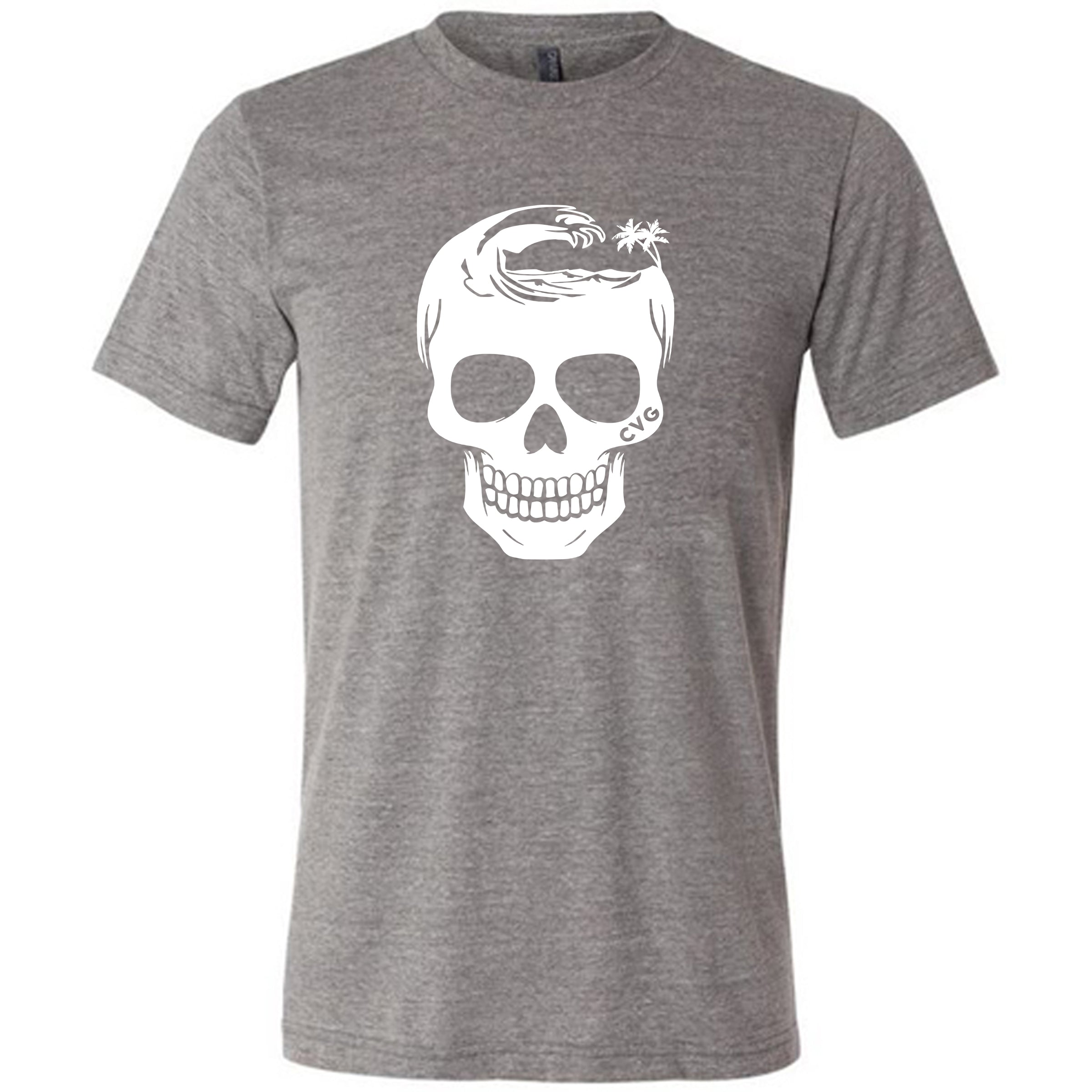 grey unisex tee with tropical skull design