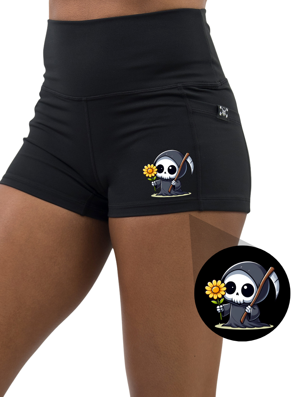 front of the grim reaper graphic 2.5 inch black shorts against a white background