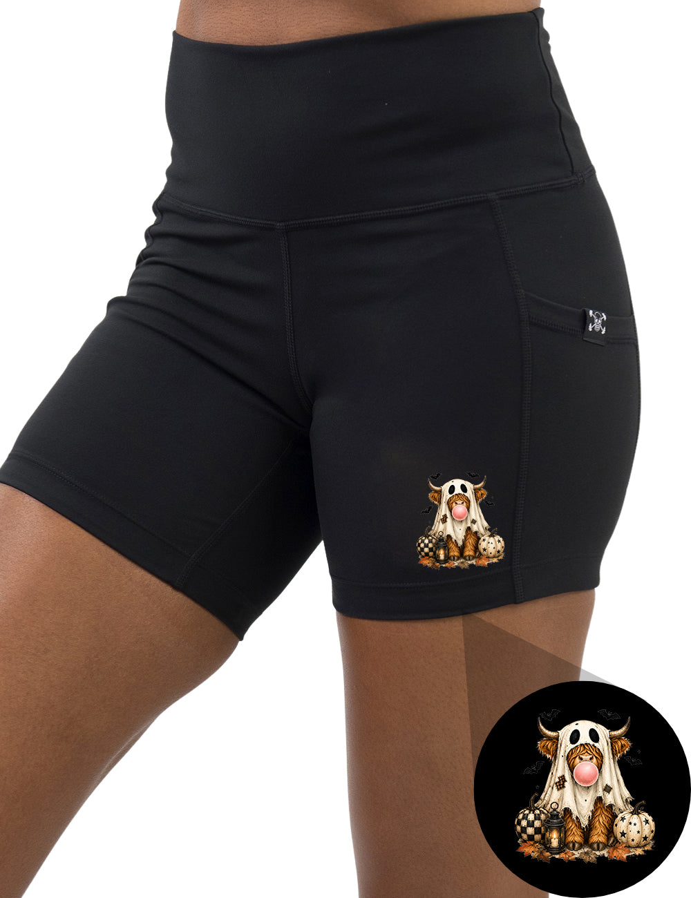 front of the spooky ghost cow graphic 5 inch shorts