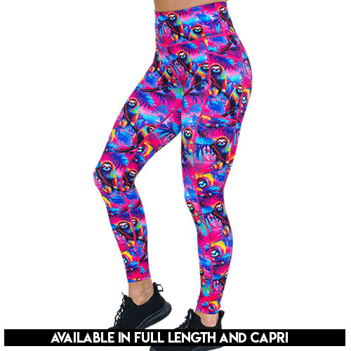 colorful sloth patterned leggings available in full and capri length
